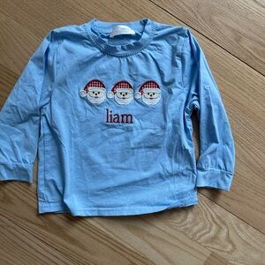 Liam Personalized Blue Kids Long-Sleeve Top with Santa Faces